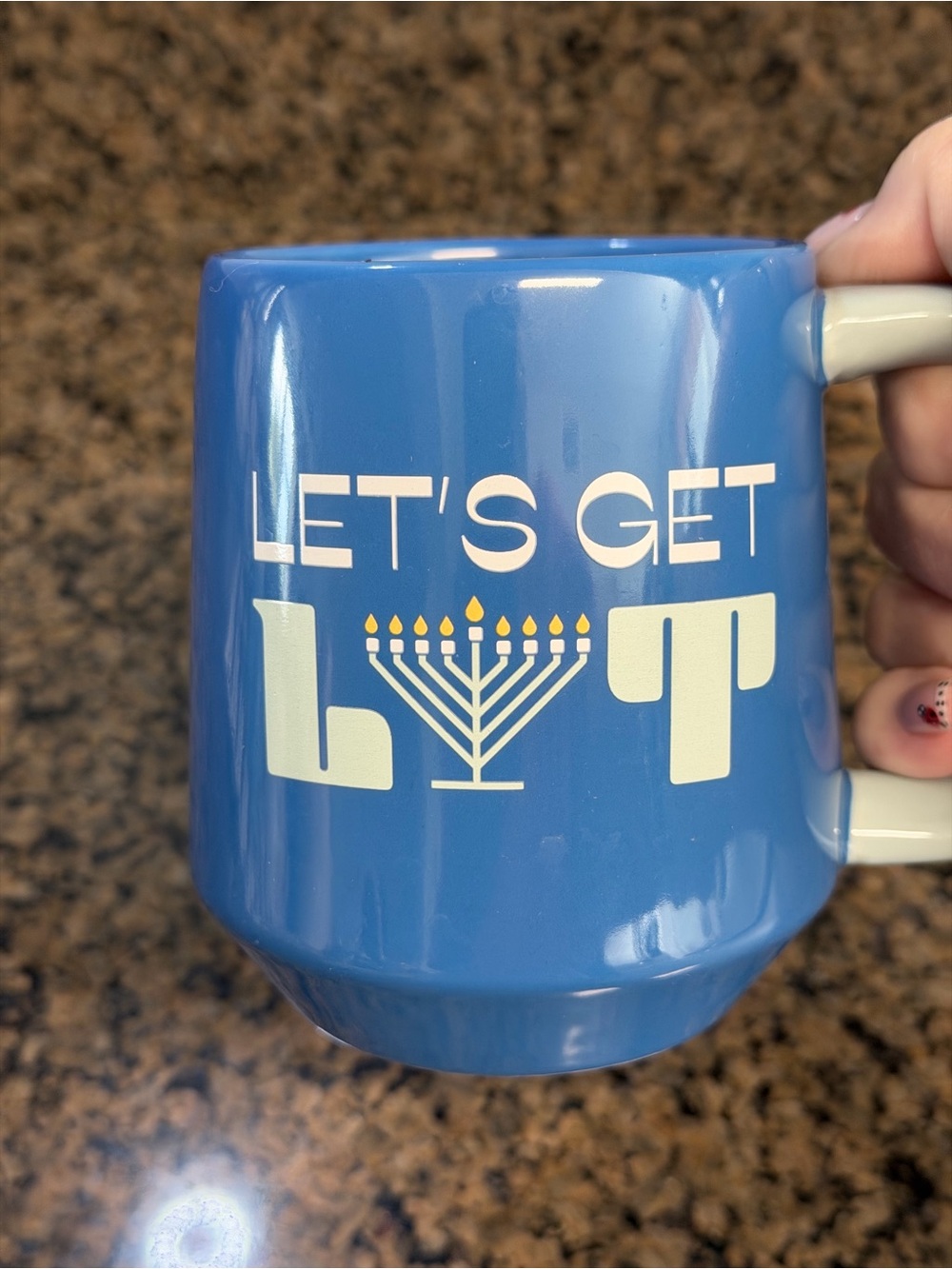 Indigo LET'S GET LIT Blue Holiday Ceramic Mug featuring a menorah with candles